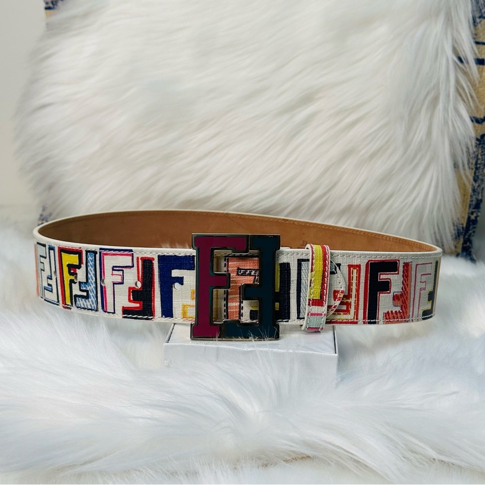 Fendi Multicolor FF Logo Canvas Belt with Enamel Buckle - White Base  size 75/30